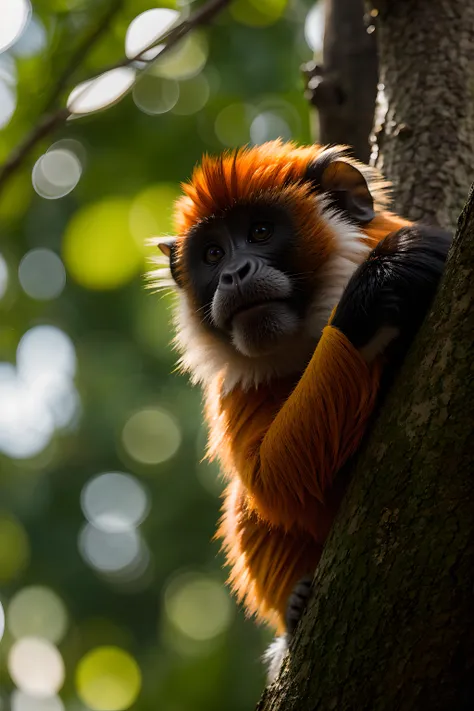 RAW, Macro, Concept art, huge, cute Tamarin monkey,portrait,  long orange fur, funny, jungle paradise, depth of field, The lighting should be warm and inviting, casting a gentle glow and highlighting the rich colors of its flesh. The background should feature a blurred, out-of-focus to emphasize as the main focus of the image. Use a high-resolution camera with a fast shutter speed to capture every detail and its surroundings.