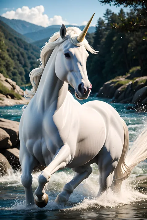 award winning wildlife (medium long shot:1.4), 35mm film still, ultra photorealistic, photorealism,majestic(white unicorn horse) ,running, at the water stream side,water splash, taken with hasselblad H6D 100c, the HCD 24mm lens, hazy mood, cinematic dramatic lighting, cold muted colors, (DOF:1.4), sharp focus, (perfect real extremely details), amazing fine detail, absurdres, hyper realistic lifelike texture, dramatic lighting