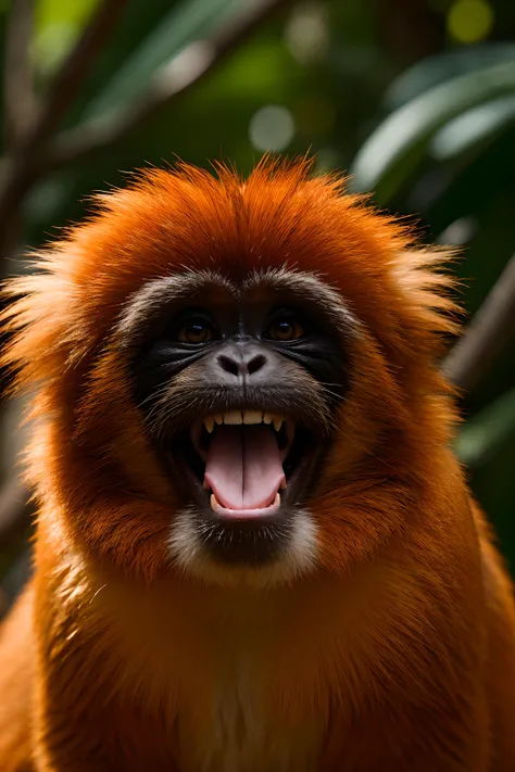 RAW, Macro, Concept art, huge, cute Tamarin monkey, naughty, playful, smile, portrait,open mouth, long orange fur, funny, jungle paradise, depth of field, The lighting should be warm and inviting, casting a gentle glow and highlighting the rich colors of its flesh. The background should feature a blurred, out-of-focus to emphasize as the main focus of the image. Use a high-resolution camera with a fast shutter speed to capture every detail and its surroundings.