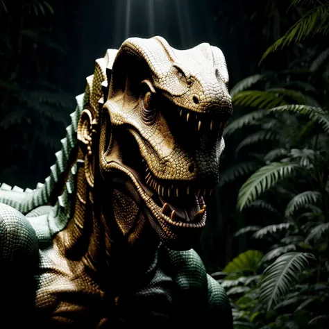 award winning prehistoric animal ,masterpiece,best quality, (t-rex , dinosaur,reptilian eyes, reptilian skin, reptilian scales, reptilian claws. Jurassic park world) in the jungle, looking at the viewer, film still, ultra photorealistic, photorealism, cinematic dramatic lighting,, sharp focus, (perfect real extremely details),