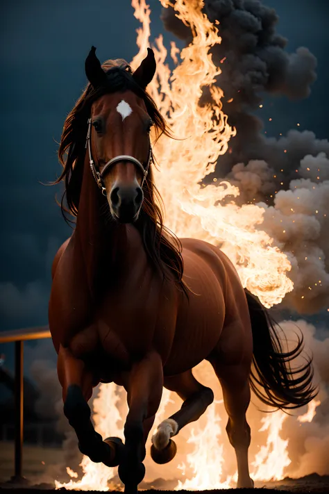 masterpiece,high quality, (medium long shot:1.4), 35mm film still, ultra photorealistic,fantsy (horse,) cinematic pose,running, (war battle ground, fire, burning background ), taken with hasselblad H6D 100c, the HCD 24mm lens, hazy mood, cinematic dramatic lighting, cold muted colors, (DOF:1.4), sharp focus, (perfect real extremely details), amazing fine detail, absurdres, hyper realistic lifelike texture, dramatic lighting