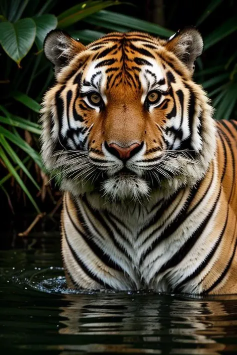 award winning wildlife (medium long shot:1.4), 35mm film still, ultra photorealistic, photorealism, tiger, head above the water, jungle, looking at viewer, sharp focus, (perfect real extremely details), amazing fine detail, absurdres, hyper realistic lifelike texture, dramatic lighting