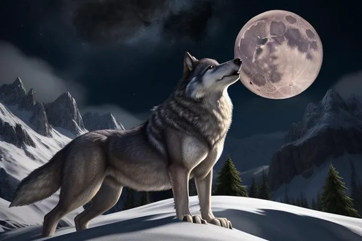 Masterpiece, Score_9, Score_8_up, Score_7_up, realistic wolf, Large wolf, Dire Wolf, solo, Howling at the moon, <howling:2>, night, full moon, stars, mountain, cliff, snowing background, non-anthro, <lora:intricatedetails:0.65> intricatedetails