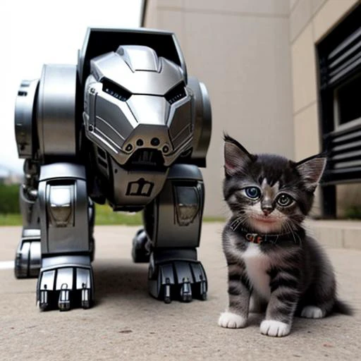 a dog looks at a kitten, the dog is a large silver metallic robot war machine, the kitten is it's best friend