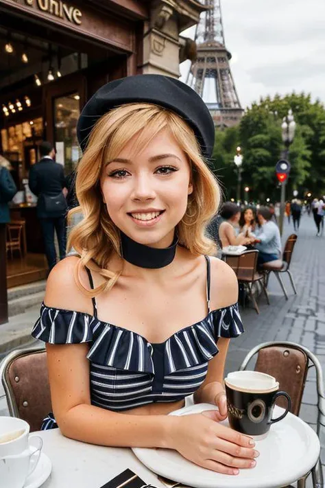 Upper Body Photo of <lora:J34n3tt3_v10:0.8>, J34n3tt3, long hair, At an enchanting street café in a bustling Parisian neighborhood, the influencer sits at a small round table with a view of the Eiffel Tower in the distance. She’s dressed in a chic, off-the-shoulder top in a classic black and white stripe pattern, accessorized with a beret and a silk scarf. The background features charming cobblestone streets, busy cafés, and locals enjoying their day. Her delighted expression and the iconic setting convey the romance and excitement of a Paris vacation.