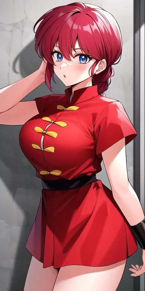<lyco:RanmaChanV3:0.7>, RanmaChan, standing, solo, large_breasts, single_braid, RanmaRedShirt, masterpiece, best quality, detailed face, detailed eyes, highres,