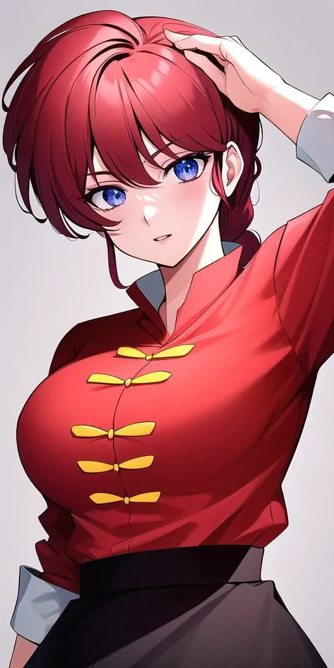 bottom less,((masterpiece)), expensive quality, very_expensive_solve, big_file size, Full Color, Thick outline, Clear contours, colorful, (Beautiful attention to detail), (Beautiful Face:1.3), Boyish face, 1 Girl, (Ranma), (Redhead), short hair, (Braided Ponytail), ((bangs)), bumpy bangs, Blue-gray eyes, Big Breasts, Curvy, Black Wristband, Ranma, Braided Ponytail, Chinese clothing, No sleeve, Tangzhuang, Black trousers, Are standing,
