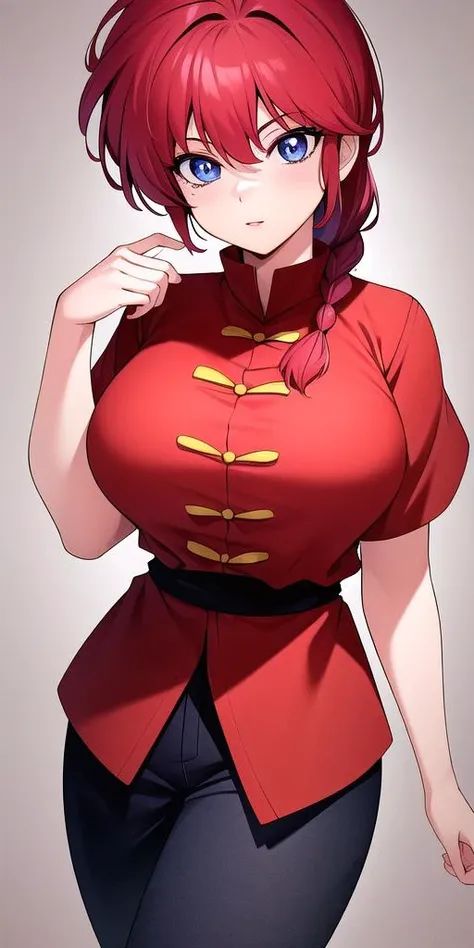 <lyco:RanmaChanV3:0.7>, RanmaChan, standing, solo, large_breasts, single_braid, RanmaRedShirt, masterpiece, best quality, detailed face, detailed eyes, highres,