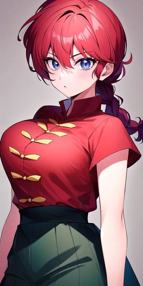<lyco:RanmaChanV3:0.7>, RanmaChan, standing, solo, large_breasts, single_braid, RanmaRedShirt, masterpiece, best quality, detailed face, detailed eyes, highres,