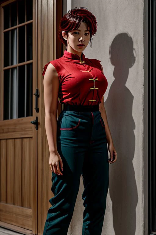 RAW photo, subject, 8k uhd, dslr, soft lighting, masterpiece, best quality, film grain, Fujifilm XT3
<lyco:RanmaChanV3:0.7>, 1girl, RanmaChan, standing, solo, huge_breasts, single_braid, red_hair, full_body, wide hips, RanmaRedShirt, ripped Shirt, Exposed nipples, detailed face, detailed eyes, Looking at viewer