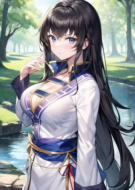 (masterpiece:1.2), (best quality:1.2), (ultra highres:1.2), absurdres, karla fe, looking at viewer, serious, dress, cleavage, sash, nature, park, pond, trees, <lora:Karla_FE:0.9>, upper body, <lora:flat2:-0.5>, <lora:hipoly_3dcg_v7-epoch:0.1>, large breasts
