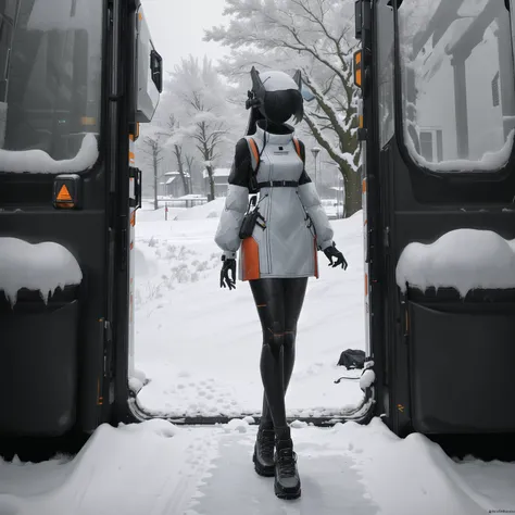 <lora:echanis_enicha:1>, echanis_enicha, background, futuristic, bodysuit, helmet, glowing, 1girl, bare tree, black footwear, black hair, black vest, bus, dress, ground vehicle, highres, long hair, morncolour, motor vehicle, picture \(object\), reflection, scenery, snow, solo, standing, tree, vest, white dress, window, winter