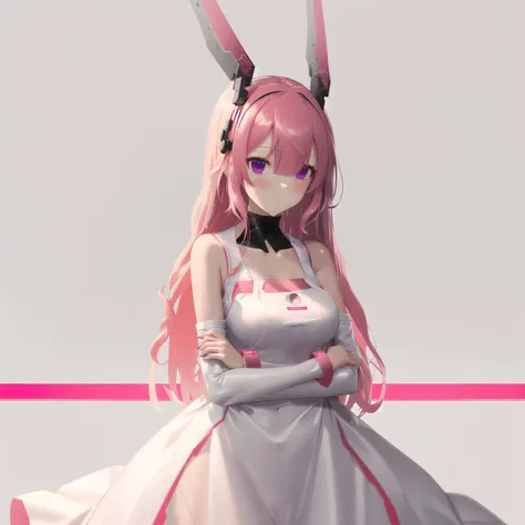 <lora:echanis_enicha:1>, echanis_enicha, background, futuristic, bodysuit, helmet, glowing, 1girl, :t, artist name, bangs, bare shoulders, blush, cherry hair ornament, closed mouth, collarbone, dress, eyebrows visible through hair, food themed hair ornament, hair between eyes, hair ornament, hairclip, highres, long hair, looking at viewer, object hug, pink hair, pout, simple background, sleeveless, sleeveless dress, solo, stuffed animal, stuffed toy, teddy bear, two side up, very long hair, violet eyes, white background, white dress, wrist cuffs