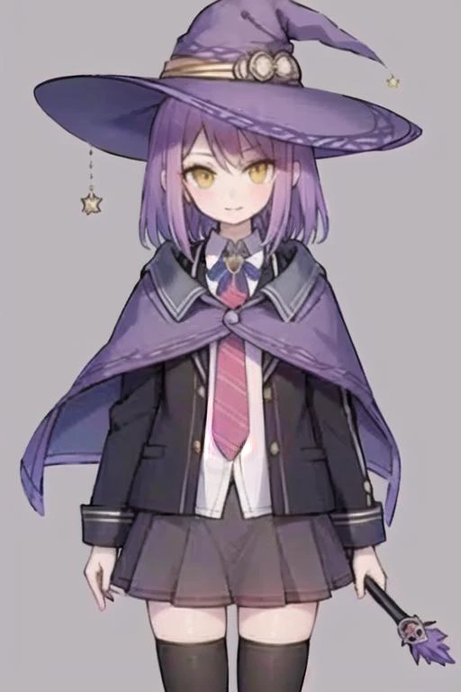 (masterpiece, best quality, detailed background, highres), 1girl, looking at viewer, witch hat capelet collared shirt red necktie black jacket pleated skirt thighhighs, <lora:estelle:1>, estelle, wand