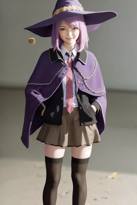 masterpiece, best quality, highres, 1girl estelle, witch hat capelet collared shirt red necktie black jacket pleated skirt thighhighs <lora:estelle:1> standing, hands in pockets, smile, (photorealistic:1.4)