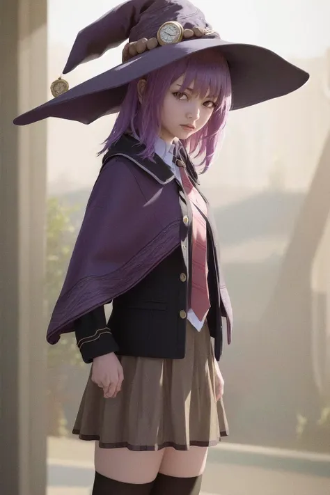 masterpiece, best quality, highres, 1girl estelle, witch hat capelet collared shirt red necktie black jacket pleated skirt thighhighs <lora:estelle:1> standing, from side, (photorealistic:1.4)