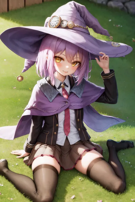 masterpiece, best quality, highres, 1girl estelle, witch hat capelet collared shirt red necktie black jacket pleated skirt thighhighs <lora:estelle:1> sitting, wariza, outdoors, smile, looking at viewer