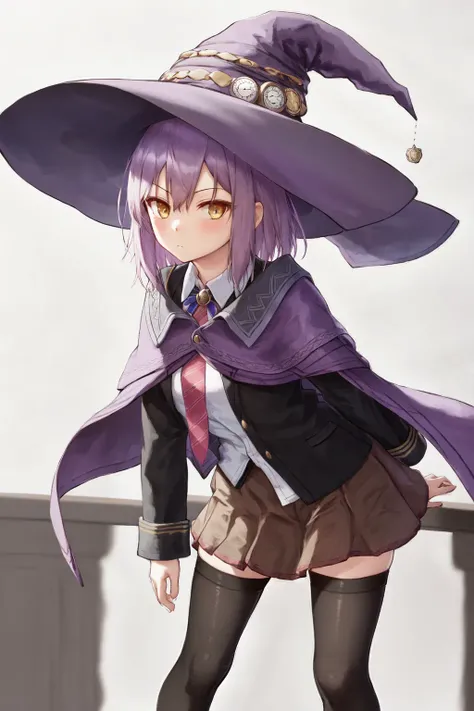 masterpiece, best quality, highres, 1girl estelle, witch hat capelet collared shirt red necktie black jacket pleated skirt thighhighs <lora:estelle:1> standing, leaning forward