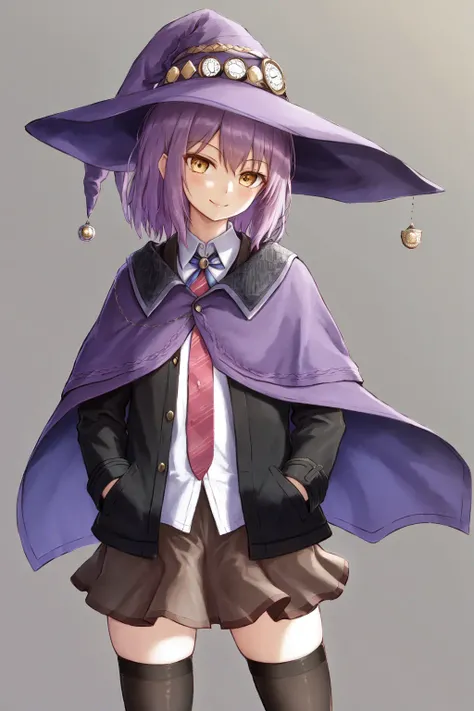 masterpiece, best quality, highres, 1girl estelle, witch hat capelet collared shirt red necktie black jacket pleated skirt thighhighs <lora:estelle:1> standing, hands in pockets, smile