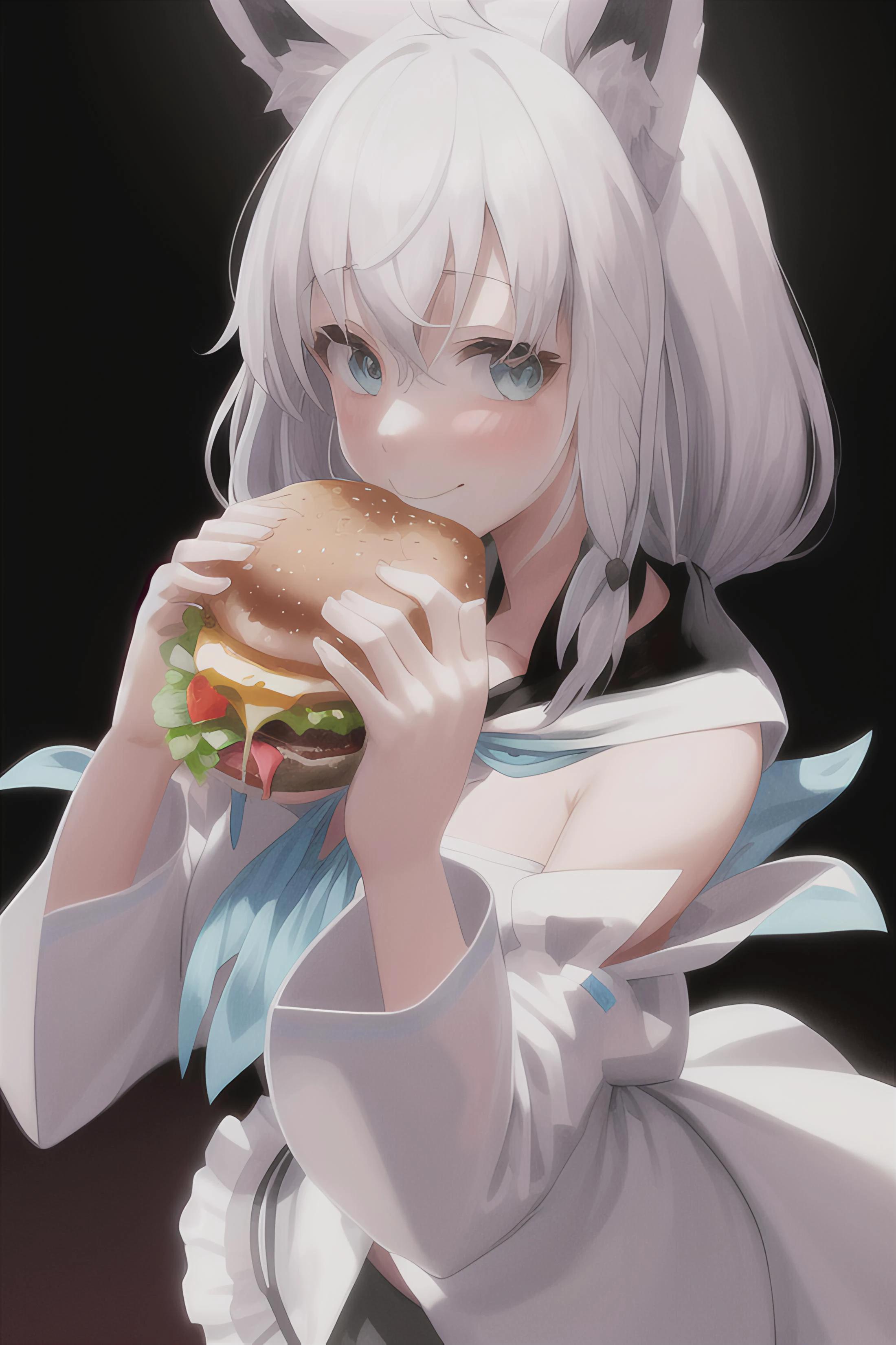 <lora:shirakamiFubukiHololive8_v10:.8>, fubuki1, white hair, upper body, smile, blush, restaurant background, <lora:hugeTwoHandedBurger_v2:.6> , two-handed burger, holding a huge burger with both hands, eating, {{close-up}}, , {{{masterpiece}}}, restaurant background, {{{flat chest}}}