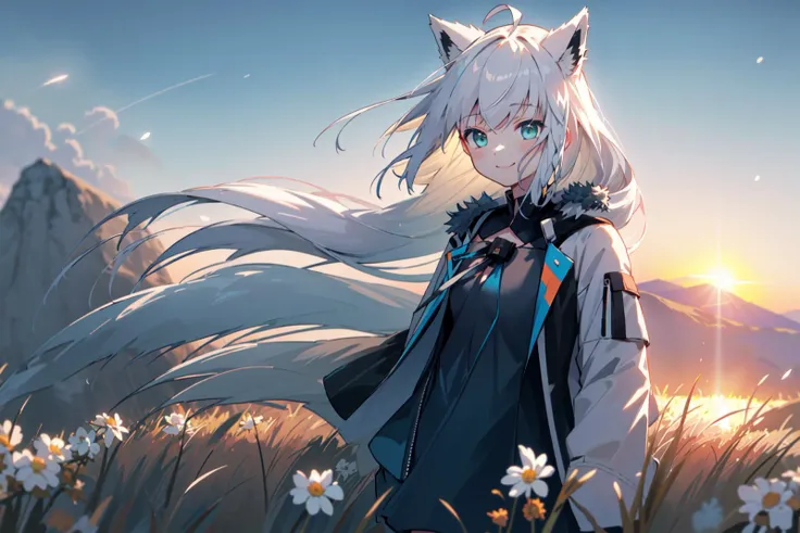 <lora:fubuker1-000007:1>
(masterpiece:1.1), (best quality:1.1),
1girl, solo, (techjacket1:1.3), white hair, upper body, smile, blush, black shirt, (white jacket:1.1), white fur-trim jacket, fox ear, shirakami fubuki,
outdoors, sky, moon in background, amazing background, on top of mountain, sunset, cloud below, star, walking, (hand on pocket:1.1), grassfield,
standing, (wind blow:1.1), ray tracing light, bloom, depth of field, (cinematic angle:1.1)