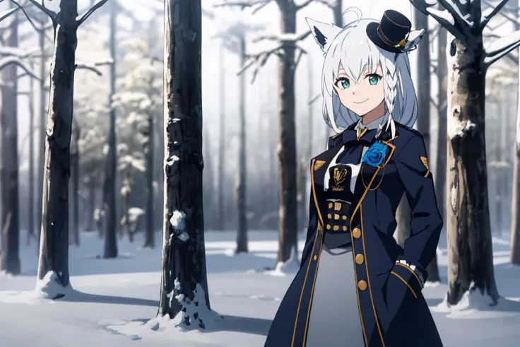 1girl, solo, smiling, refined1, dress, mini hat, snowy forest, cowboy shot, smile <lora:shirakami fubuki 8 outfits:1> <lora:anime screencap:1>