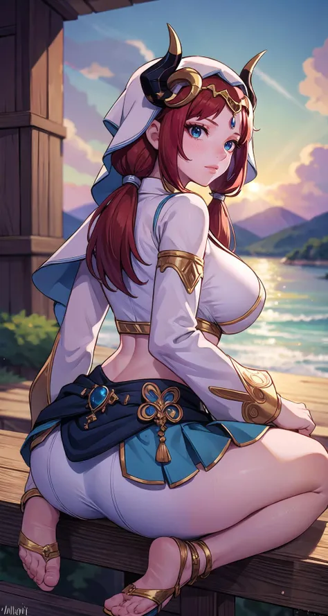 (masterpiece),(intricate details),1girl,mature female,pale skin,huge breasts:1.49
BREAK
nilou, <lora:niloutest:0.7>, nilou, red hair, twintails, blue eyes, long hair, BREAK blue skirt, bracer, circlet, crop top, dancer, detached sleeves, fake horns, gladiator sandals, gold footwear, gold trim, horns, jewelry, long sleeves, neck ring, puffy long sleeves, puffy sleeves, sandals, skirt, thighlet, thighs, veil, white headwear, white sleeves, white veil
BREAK
sunset,dusk,((cumulonimbus)),((sit on the anywhere)),
((upper body)),from behind:1.2,depth of field,looking at viewer