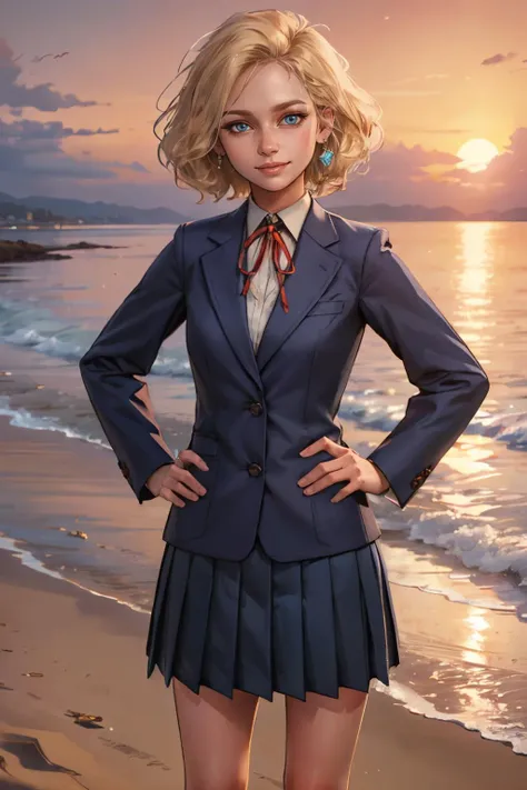 PAZ, blue eyes, short blonde hair,school uniform, blue skirt, blazer, red ribbon, looking at viewer, smiling, standing, hands on hips, outside, beach, sunset, dusk, high quality, masterpiece, <lora:PAZ:.5>