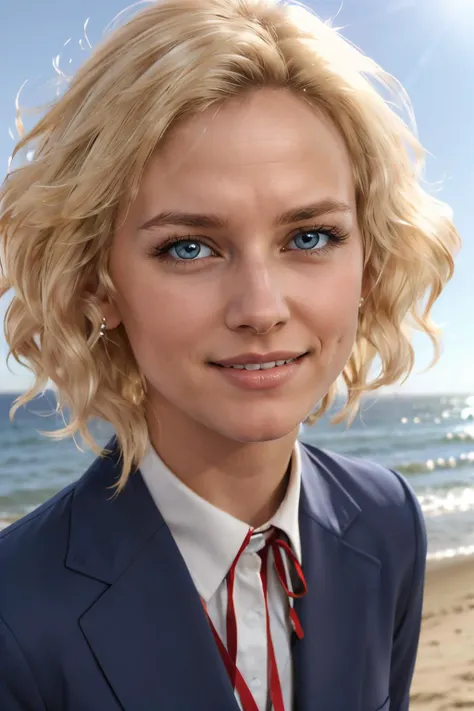 PAZ, blue eyes, short blonde hair, school uniform, looking at viewer, smiling, close up, outside, beach, sunny, high quality, masterpiece, <lora:PAZ:.6>