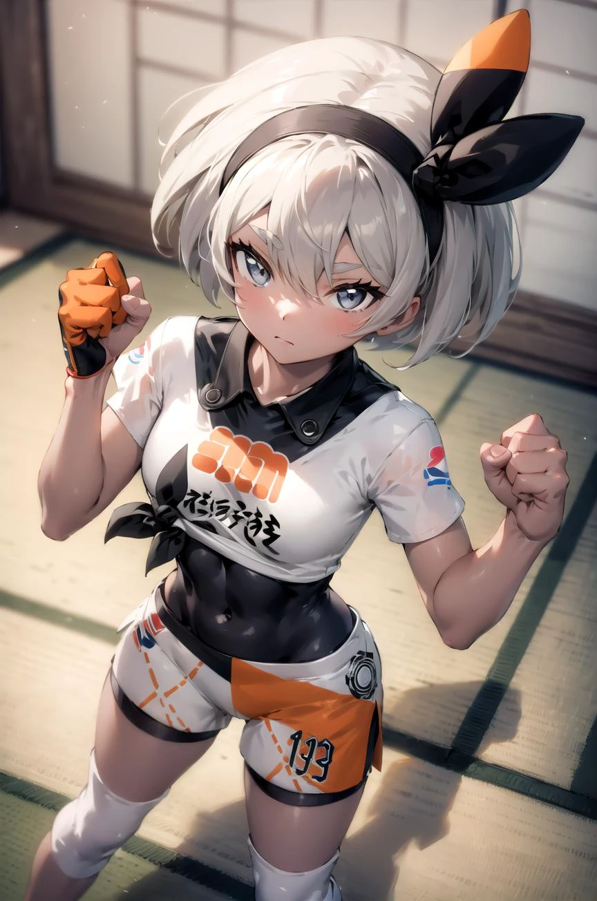 (masterpiece,best quality, detailed), 1girl, solo, indoors, dojo, tatami, from above, fighting stance, clenched hands, looking at viewer, closed mouth, legs apart, fisheye lens, depth of field, feet out of frame,
bea \(pokemon\), bow hairband, tied shirt, print shirt, black bodysuit, bodysuit under clothes, single glove, print shorts, knee pads, <lora:SaitouV1-000013:1>