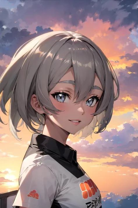 (masterpiece,best quality, detailed), sunset, clouds, upper body, portrait, 1girl, solo, from side, looking at viewer, smile, parted lips,
bea \(pokemon\), print shirt, black bodysuit, bodysuit under clothes, <lora:SaitouV1-000013:1>