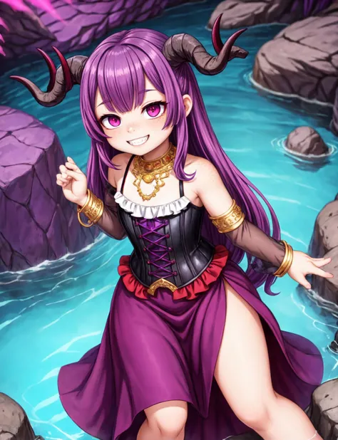 solo,(masterpiece, best quality),Desiredemon, symmetric horns, purple fiery hair, (black sclera), red eyes ,closeup, long hair, glowing eyes,golden necklace, jewelry, tail,dress, corset, long skirt,shirt, detached sleeves, bracelet, ( purple skin:1.2), freckles, scales, cave, rocks, water, cave entrance, evil smile, grinning, teeth
<lora:Desiredemon6432CS2:0.75>