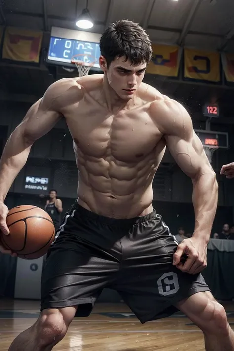 1boy, abs, basketballplayer, black hair, shirtless shorts, dynamic movement, basketball, sneakers, sweaty, (Intricate Details, Masterpiece, Best Quality, High Resolution), finely detailed background, Depth of Field, VFX <lora:Clothing -  Basketball Player:0.6>