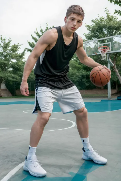 trees in the background, gray concrete outdoor basketball court, sweaty DaneDekota is a basketballplayer, sweaty tank top, shorts, white socks, black sneakers, basketball, dynamic movement, dribbling, (((full body portrait))), wide angle <lora:Clothing - Sexy Basketball Player:0.7> <lora:DaneDekota:0.8>