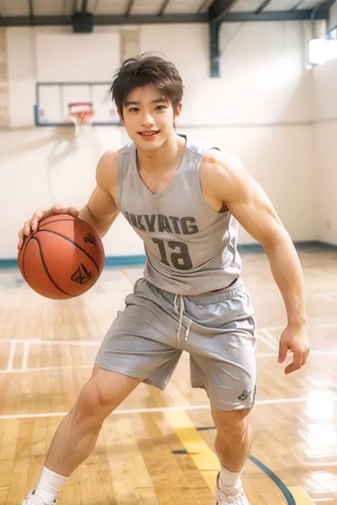 Realistic,masterpiece,best quality,cinematic lighting,natural shadow,highest detail,professional photography,detailed background,depth of field,insane details,intricate,aesthetic,detailed face,subsurface scattering,realistic hair,realistic eyes,
muscular,masculine,photo of a handsome man,light smile,Quiff,full body,dynamic pose,playing basketball in a court,
basketballplayer,tank top,shorts,dynamic movement,sneakers,
<lora:xsg-000002:0.8>,
<lora:weight_slider_v2:0.5>,<lora:muscle_slider_v1:2>,
<lora:add_detail:0.5>,<lora:æ³å
:0.5>,<lora:Clothing - Sexy Basketball Player:0.8>,