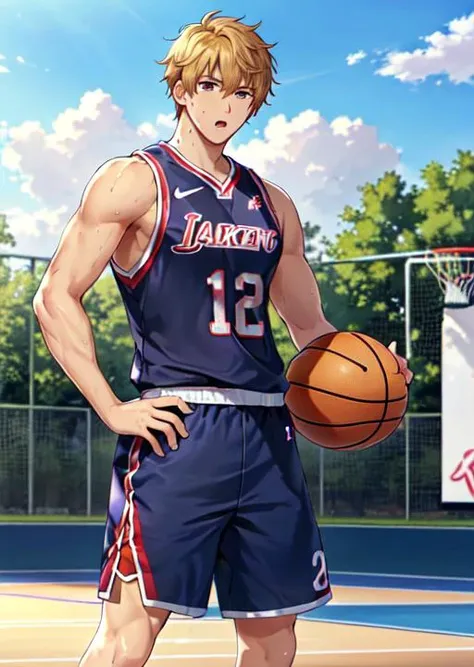 (((best quality, high resolution, masterpiece, best quality))),<lyco:husbandoLocon_v33:0.4>, anime screencap, 1boys, muscular male, basketballplayer, basketball court, shorts, muscular male, outdoors, sweaty, masterpiece, depth of field, <lora:Clothing - Sexy Basketball Player:0.5> looking at viewer, sky, basketball uniform, :o, sneakers, standing up,