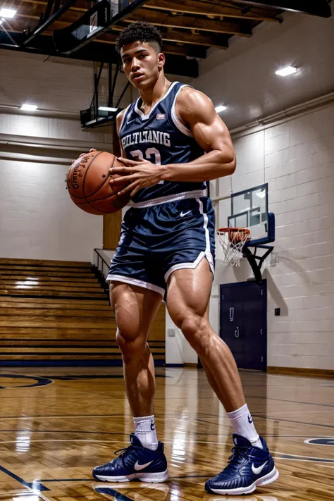 A photography of handsome asian boy, 17yo, naked full body, big cock, sweaty, horny looks, in a basketball field