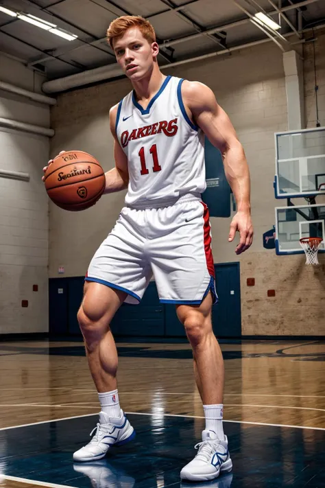 indoors, basketball court, gymnasium, cute toned jock (age 21), ((ginger hair)), short hair, basketballplayer, ((basketball uniform)), sweaty arms, sweaty forehead, shorts, dynamic movement, basketball, white socks, sneakers, intricate detail, masterpiece, realistic hair, (((full body portrait))), (full body), longshot, highly detailed, (High skin detail), (high face detail) <lora:Clothing - Sexy Basketball Player:0.6>