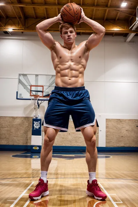 indoors, basketball court, gymnasium, cute toned jock (age 21), ((ginger hair)), short hair, basketballplayer, basketball uniform, sweaty arms, sweaty forehead, shorts, dynamic movement, basketball, white socks, sneakers, intricate detail, masterpiece, realistic hair, (((full body portrait))), (full body), longshot, highly detailed, (High skin detail), (high face detail) <lora:Clothing -  Basketball Player:0.6>