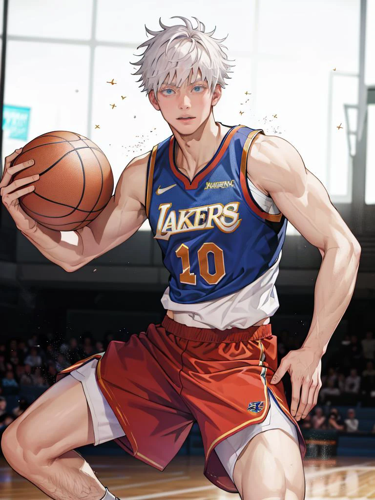 <lora:jjk_gojo_s2-10:1>,gojo satoru,<lora:Clothing - Sexy Basketball Player:0.7>,basketballplayer,shirtless/tank top/basketball uniform/shirt,shorts,dynamic movement,ball,sneakers,, best quality,masterpiece,highres,1boy, cowboy shot,