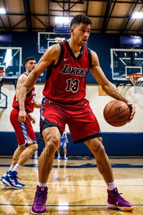 basketballplayer, photo of a man playing basketball in a court, basketball uniform, shorts, dynamic movement, sweaty. crowd, multiple boys, realistic, masterpiece, intricate details, detailed background, depth of field,