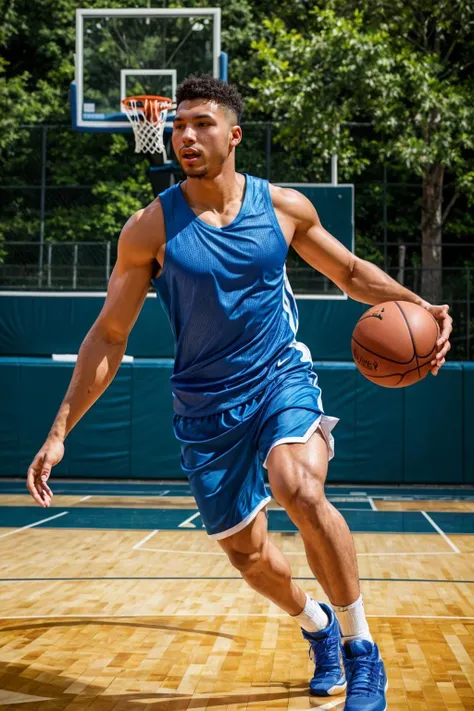 basketballplayer, photo of a man playing basketball in a court, tank top, shorts, dynamic movement, outdoors, sweaty, realistic, masterpiece, intricate details, detailed background, depth of field,