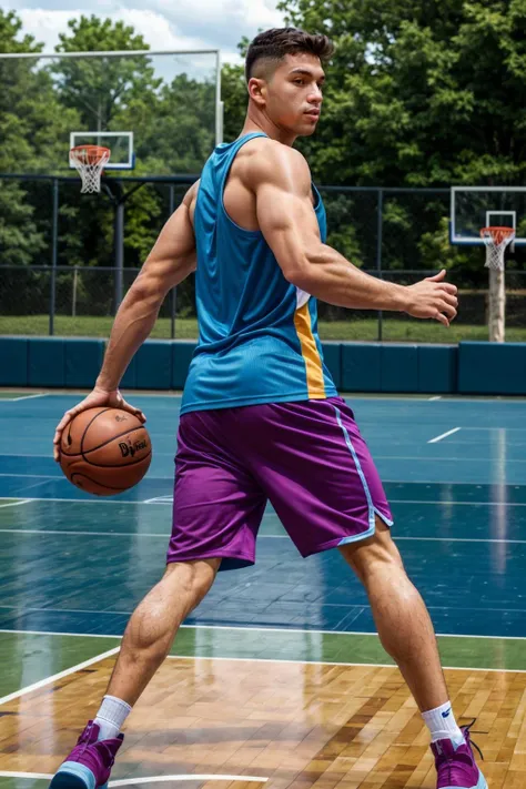 basketballplayer, photo of a man playing basketball in a court, tank top, shorts, dynamic movement, outdoors, sweaty, back, realistic, masterpiece, intricate details, detailed background, depth of field,
