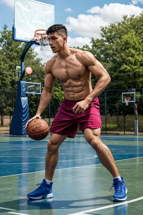 basketballplayer, photo of a man playing basketball in a court, shirtless, shorts, dynamic movement, outdoors, sweaty, realistic, masterpiece, intricate details, detailed background, depth of field,
