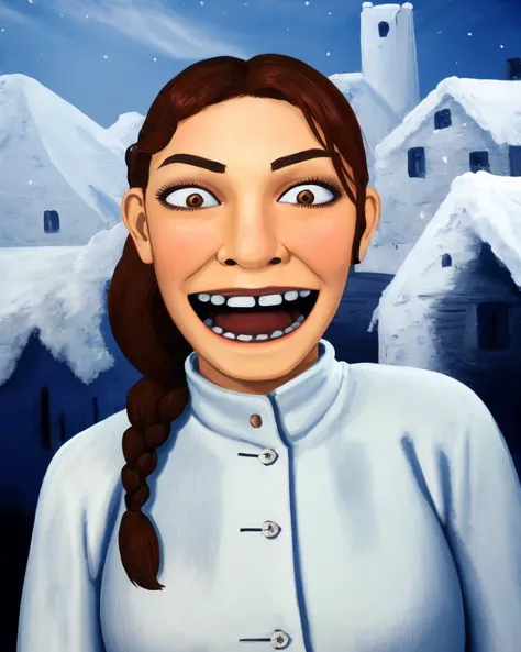 (illustration), detailed, masterpiece, 1girl, solo, smile, sexy, looking at viewer, <lora:classic_lara_v1-04:0.5> larac classic, brunette hair, single braided ponytail, lips, action scene, winter, alps, lozhkin, open mouth, big smile, accurate teeth with gaps <lora:lozhkin:0.8>