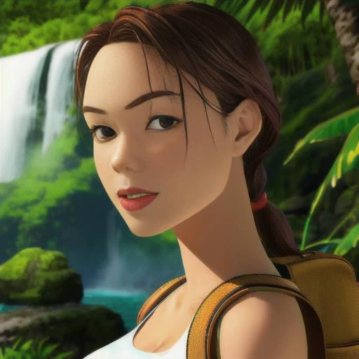 1girl, looking at the viewer, slight smile, portrait, picturesque, photoshoot, 
larac_classic, long brunette hair, braided single ponytail, lips, brown eyes, large breasts, light blue tanktop, backpack, tan shorts, belt buckle, 
glistening skin, realistic, outdoors, jungle tropics, dense jungle, cliffs, rushing waterfalls,
depth of field, blurred background,
<lora:classic_lara_v1:0.8>