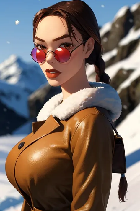 1girl, looking at the distance, portrait, picturesque, photoshoot, 
larac_classic, long brunette hair, braided single ponytail, lips, brown eyes, large breasts, thick fur brown leather coat, sheep fur lining, red tinted rounded glasses, 
glistening skin, realistic, outdoors, alaska, cliffs, snow,  
depth of field, blurred background,
<lora:classic_lara_v1:0.8>