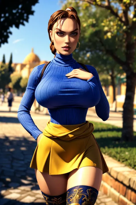 (ultra realistic,32k, masterpiece:1.2),(high detailed skin:1.1),( high quality:1.1),
<lora:classic_lara_v1:0.8>larac_classic, brunette hair, single braided ponytail, lips, v-shaped eyebrows, angry,turtleneck top,ruffle skirt,long sleeves, thigh highs, mediterranean town park,sunshine, trees,blurry background,, (huge breast,large breast:1.1),fighting stance pose, <lora:add_detail:0.84>,
(soft shaded:1.1),