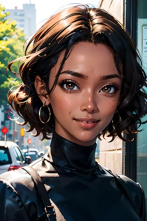 1 girl, (dark brown skin tone:1.4), very short hair, black eyes colour, mole down the right eye, School girl outfit, Evil smirk, dominant aura, (high quality, masterpiece, extremely detailed:1.2), (Realistic, photorealistic:1.2)