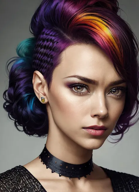 portrait of sks woman by Flora Borsi, style by Flora Borsi, bold, bright colours, rainbow Mohawk haircut, ((Flora Borsi)), <lora:locon_sonequamartingreen_v1_from_v1_64_32:1>